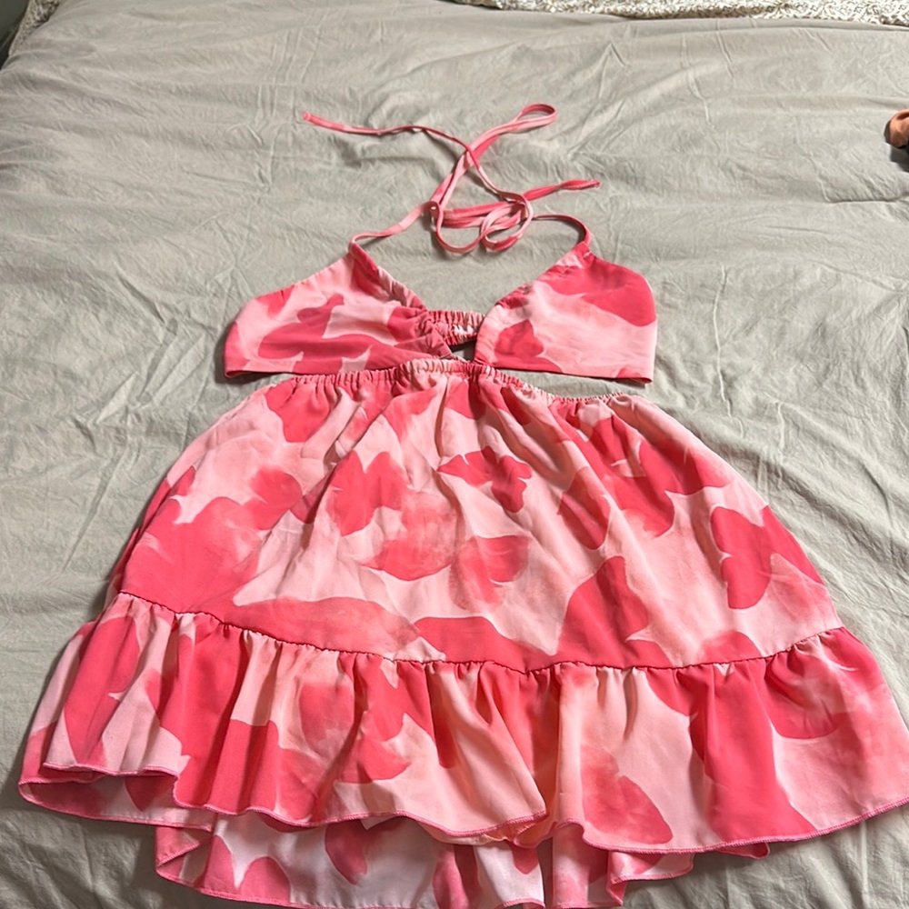 SHEIN Pink Multicolored Ruffled Halter Midi Sundress